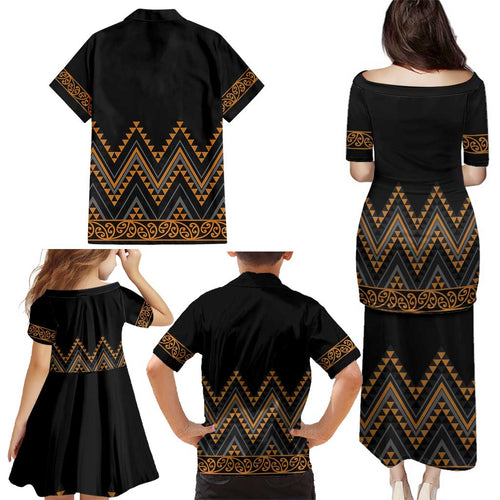 Gold Aotearoa Mangopare Kowhaiwhai and Niho Taniwha Family Matching Puletasi and Hawaiian Shirt Maori New Zealand