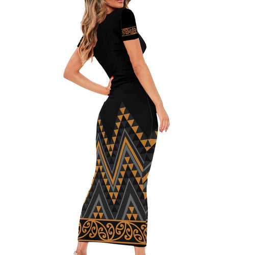 Gold Aotearoa Mangopare Kowhaiwhai and Niho Taniwha Family Matching Short Sleeve Bodycon Dress and Hawaiian Shirt Maori New Zealand