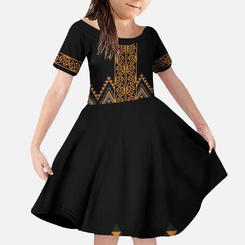 Gold Aotearoa Mangopare Kowhaiwhai and Niho Taniwha Family Matching Summer Maxi Dress and Hawaiian Shirt Maori New Zealand