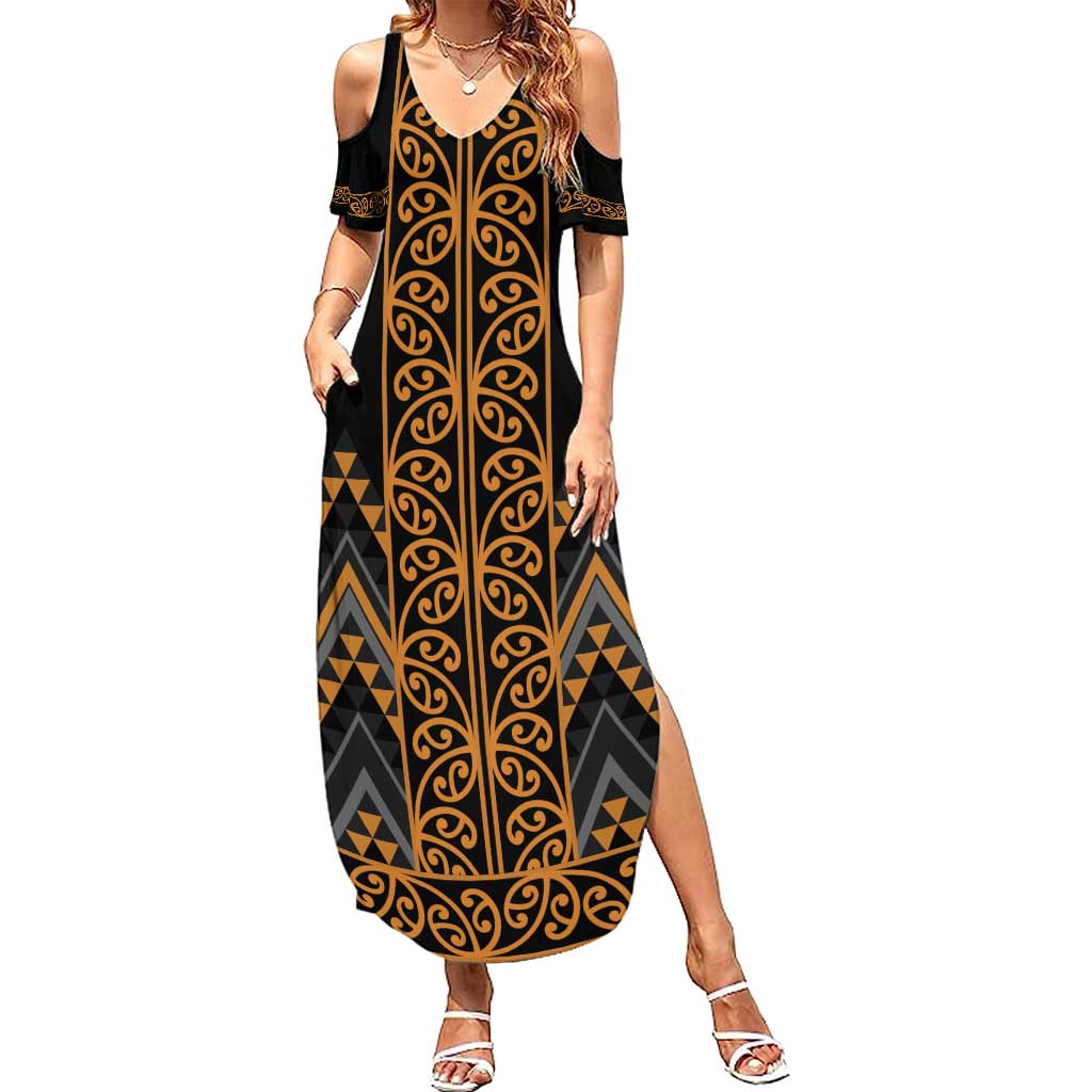 Gold Aotearoa Mangopare Kowhaiwhai and Niho Taniwha Family Matching Summer Maxi Dress and Hawaiian Shirt Maori New Zealand