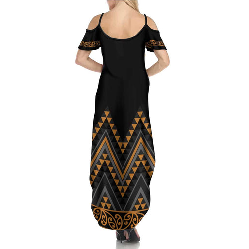Gold Aotearoa Mangopare Kowhaiwhai and Niho Taniwha Family Matching Summer Maxi Dress and Hawaiian Shirt Maori New Zealand