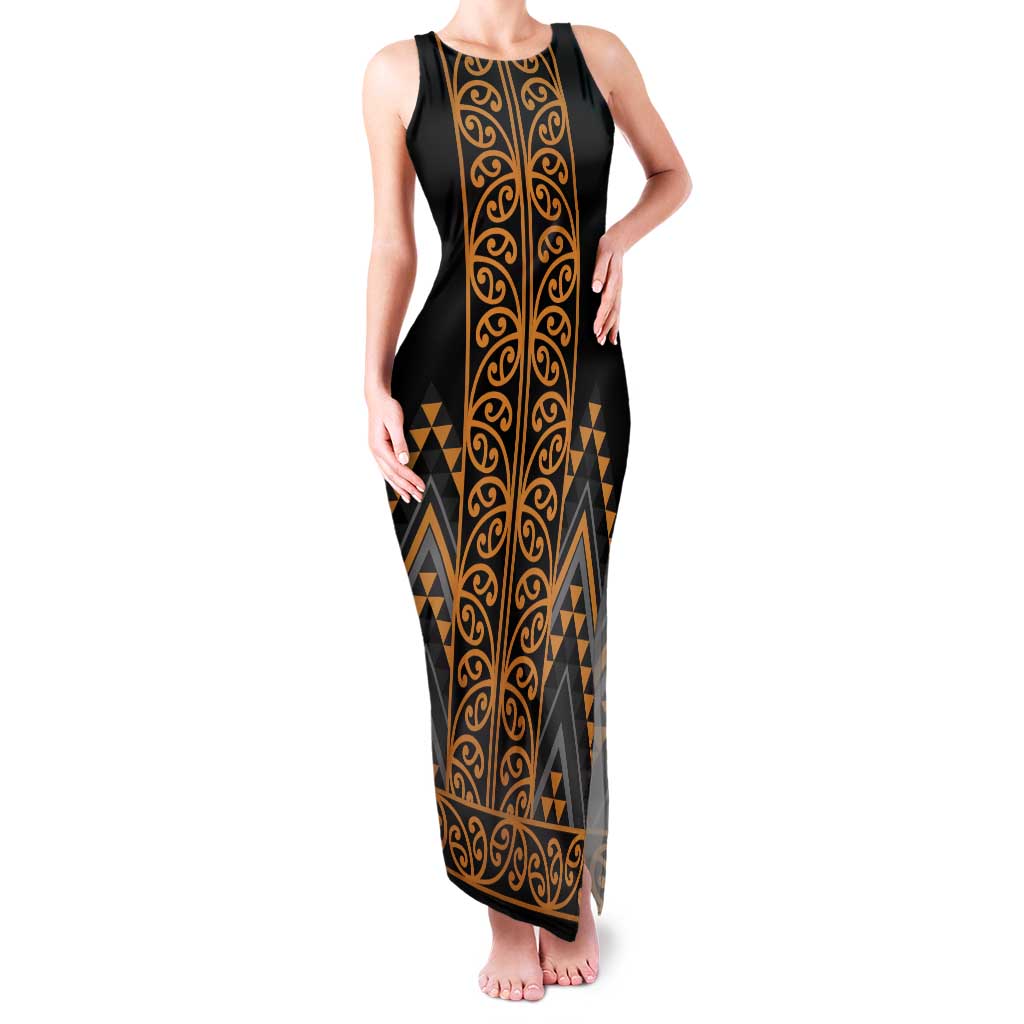 Gold Aotearoa Mangopare Kowhaiwhai and Niho Taniwha Family Matching Tank Maxi Dress and Hawaiian Shirt Maori New Zealand