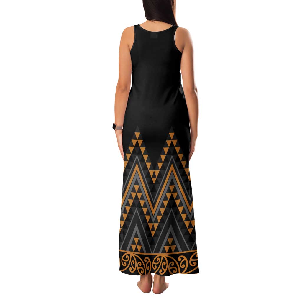 Gold Aotearoa Mangopare Kowhaiwhai and Niho Taniwha Family Matching Tank Maxi Dress and Hawaiian Shirt Maori New Zealand