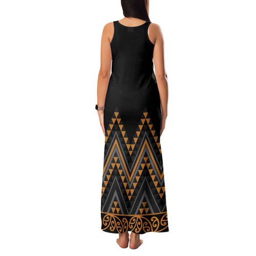 Gold Aotearoa Mangopare Kowhaiwhai and Niho Taniwha Family Matching Tank Maxi Dress and Hawaiian Shirt Maori New Zealand