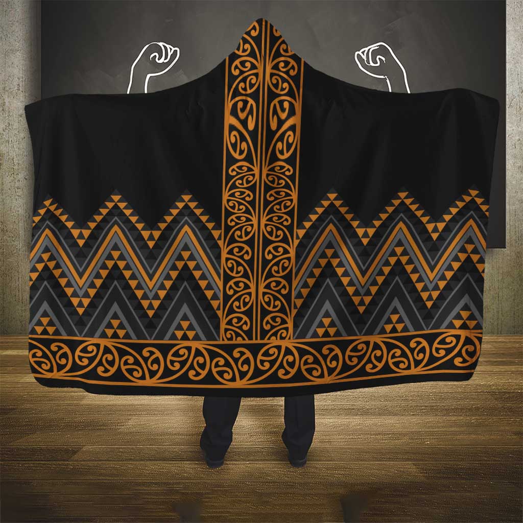 Gold Aotearoa Mangopare Kowhaiwhai and Niho Taniwha Hooded Blanket Maori New Zealand