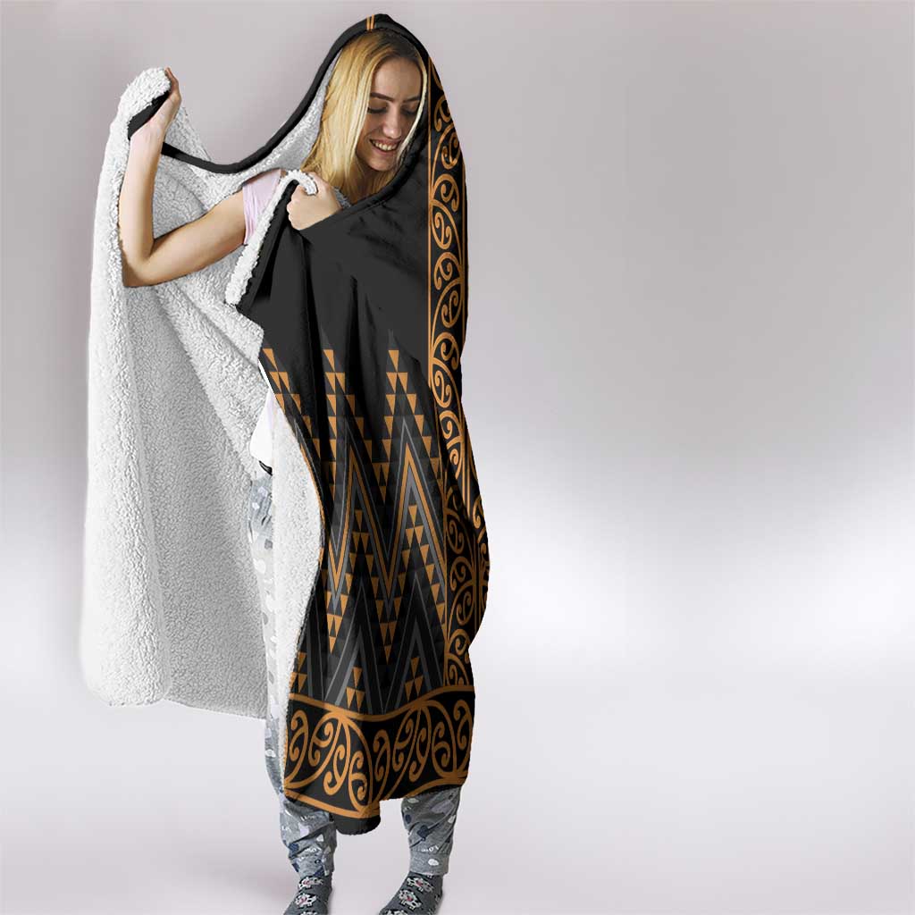 Gold Aotearoa Mangopare Kowhaiwhai and Niho Taniwha Hooded Blanket Maori New Zealand