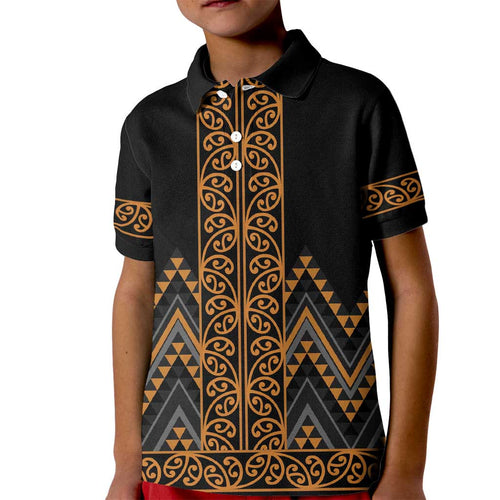 Gold Aotearoa Mangopare Kowhaiwhai and Niho Taniwha Kid Polo Shirt Maori New Zealand