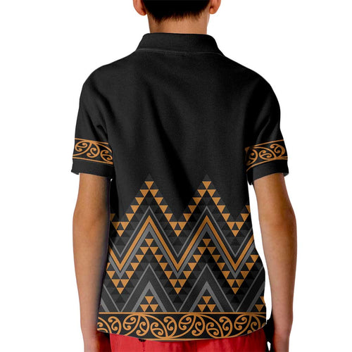 Gold Aotearoa Mangopare Kowhaiwhai and Niho Taniwha Kid Polo Shirt Maori New Zealand
