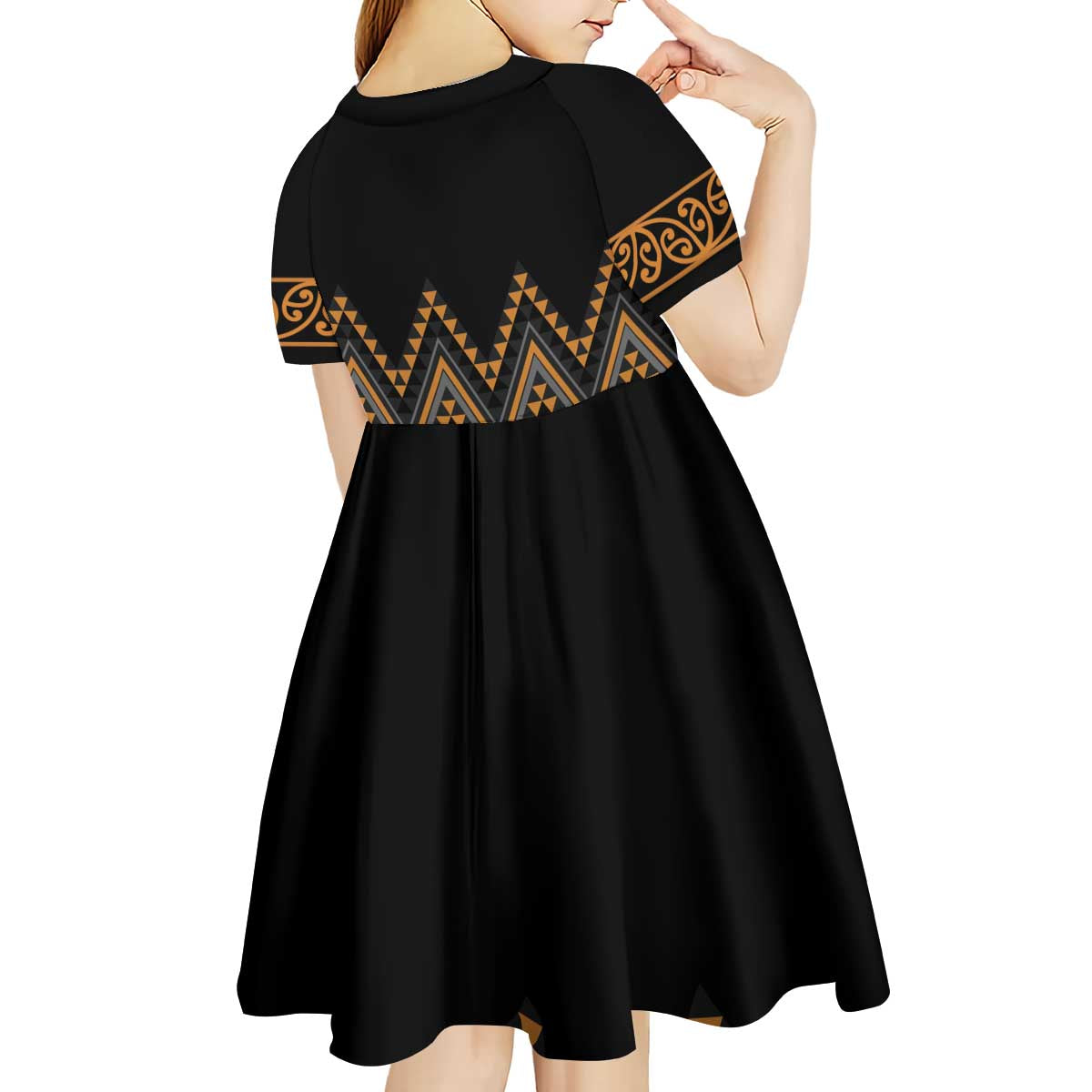 Gold Aotearoa Mangopare Kowhaiwhai and Niho Taniwha Kid Short Sleeve Dress Maori New Zealand