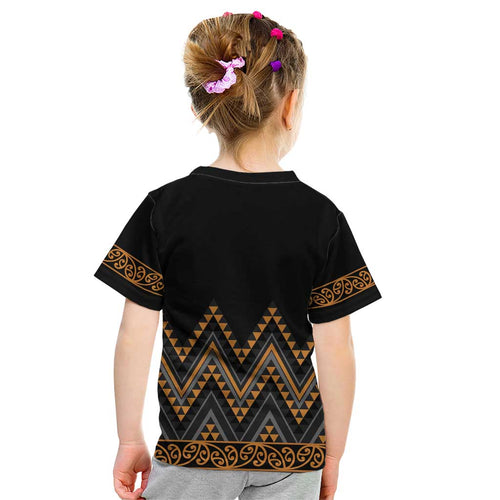 Gold Aotearoa Mangopare Kowhaiwhai and Niho Taniwha Kid T Shirt Maori New Zealand