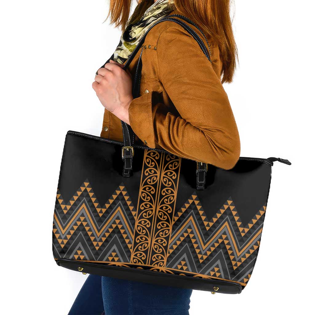 Gold Aotearoa Mangopare Kowhaiwhai and Niho Taniwha Leather Tote Bag Maori New Zealand