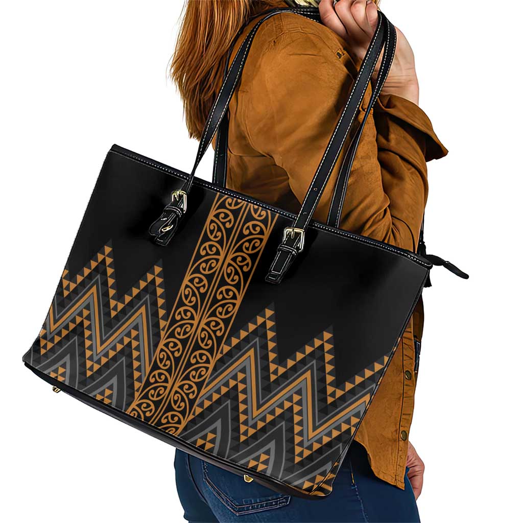 Gold Aotearoa Mangopare Kowhaiwhai and Niho Taniwha Leather Tote Bag Maori New Zealand