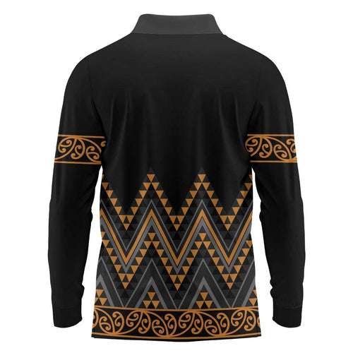 Gold Aotearoa Mangopare Kowhaiwhai and Niho Taniwha Long Sleeve Polo Shirt Maori New Zealand
