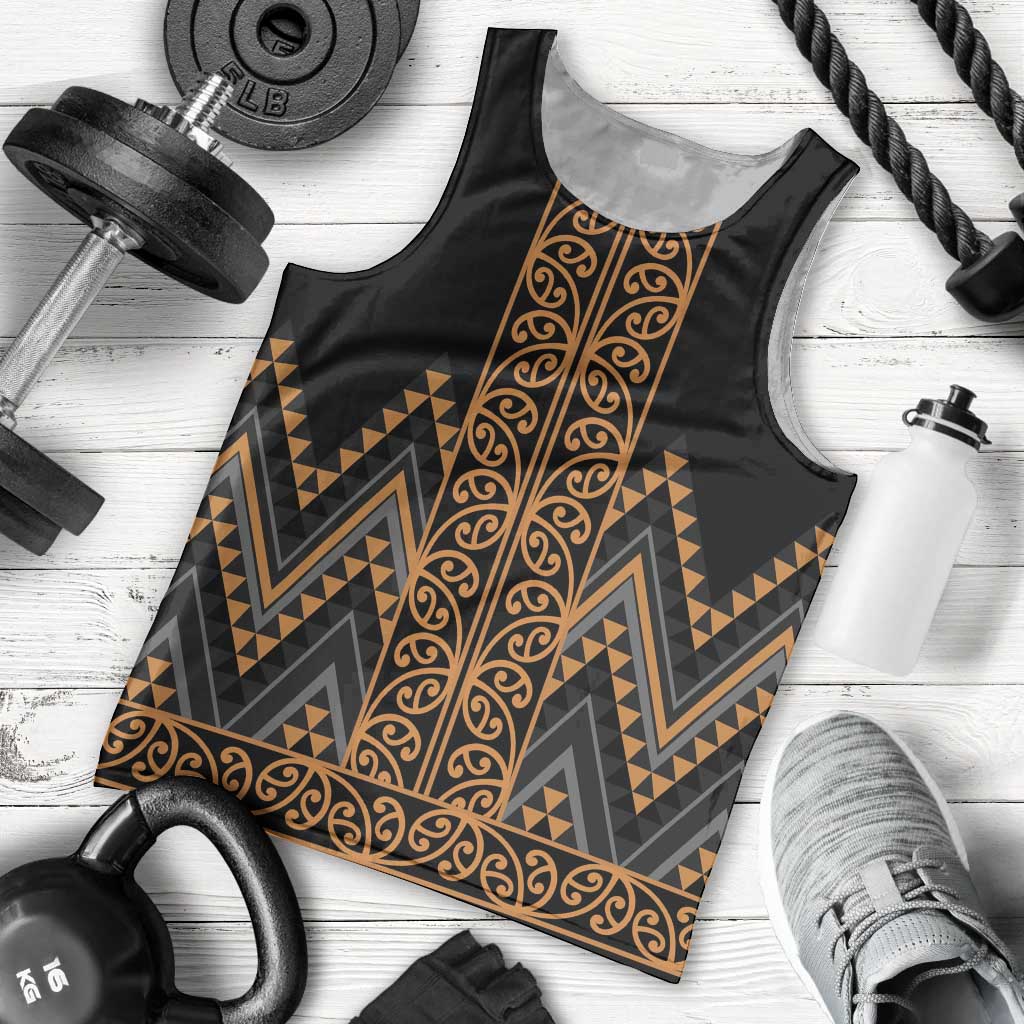 Gold Aotearoa Mangopare Kowhaiwhai and Niho Taniwha Men Tank Top Maori New Zealand