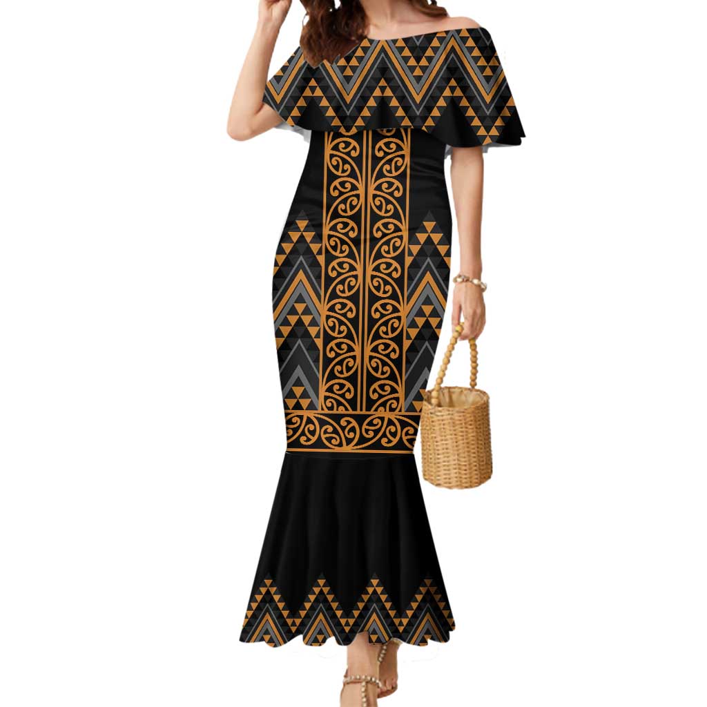 Gold Aotearoa Mangopare Kowhaiwhai and Niho Taniwha Mermaid Dress Maori New Zealand