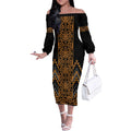 Gold Aotearoa Mangopare Kowhaiwhai and Niho Taniwha Off The Shoulder Long Sleeve Dress Maori New Zealand