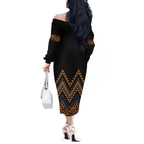 Gold Aotearoa Mangopare Kowhaiwhai and Niho Taniwha Off The Shoulder Long Sleeve Dress Maori New Zealand