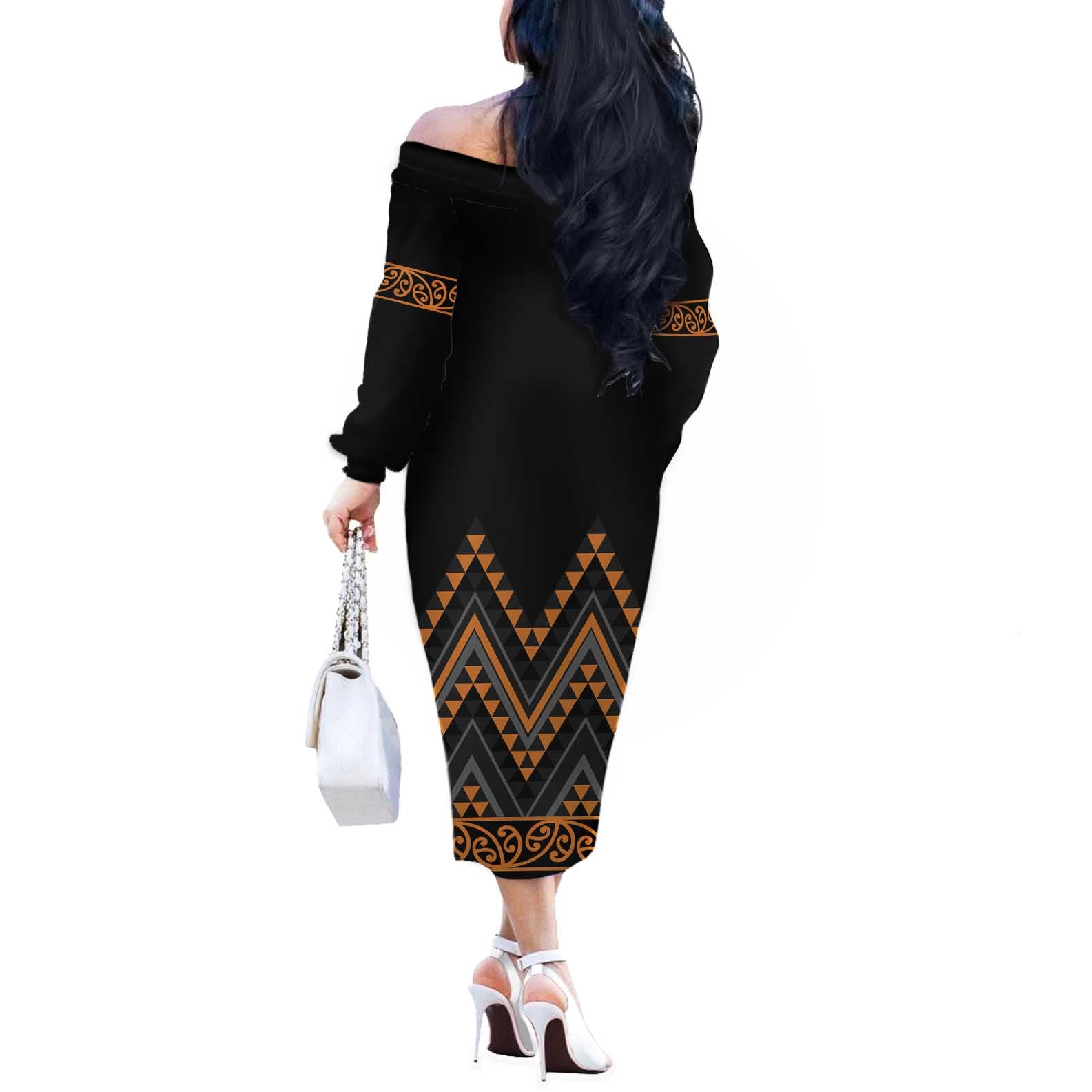Gold Aotearoa Mangopare Kowhaiwhai and Niho Taniwha Off The Shoulder Long Sleeve Dress Maori New Zealand