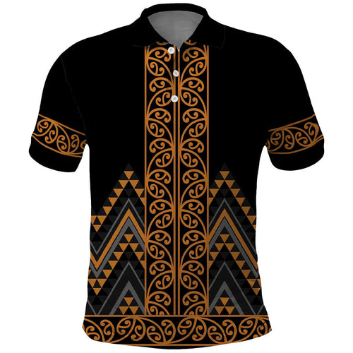 Gold Aotearoa Mangopare Kowhaiwhai and Niho Taniwha Polo Shirt Maori New Zealand