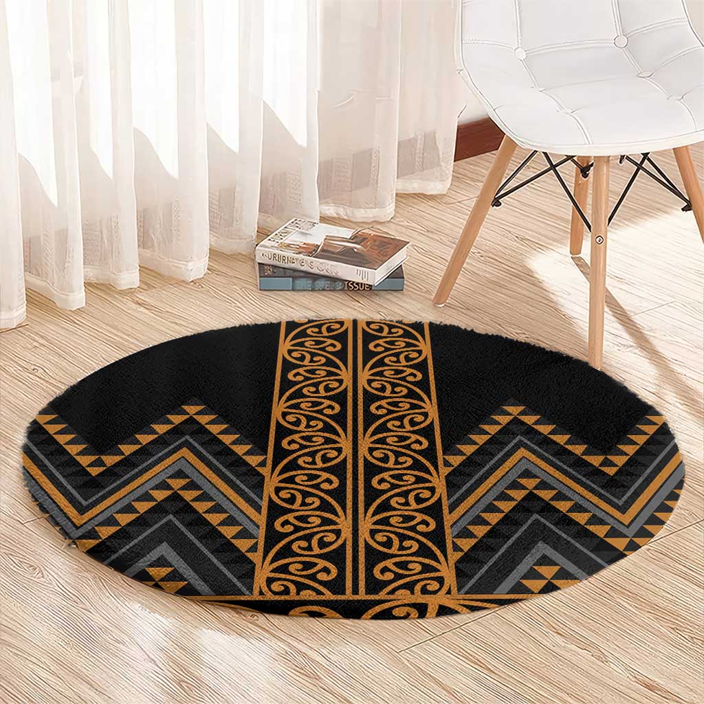 Gold Aotearoa Mangopare Kowhaiwhai and Niho Taniwha Round Carpet Maori New Zealand