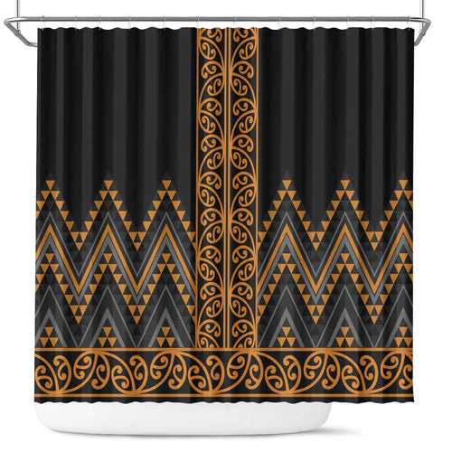 Gold Aotearoa Mangopare Kowhaiwhai and Niho Taniwha Shower Curtain Maori New Zealand