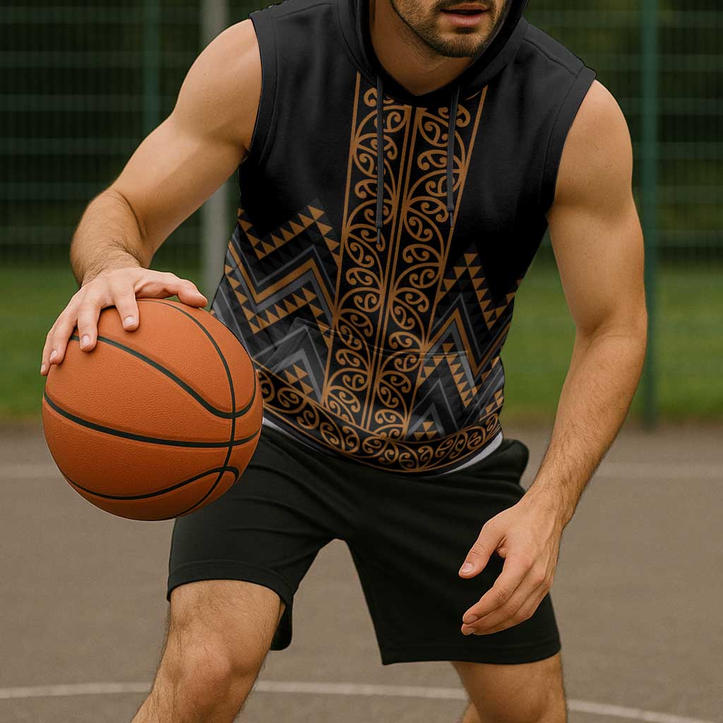 Gold Aotearoa Mangopare Kowhaiwhai Niho Taniwha Sleeveless Hoodie Maori New Zealand - Aussie Hoodie