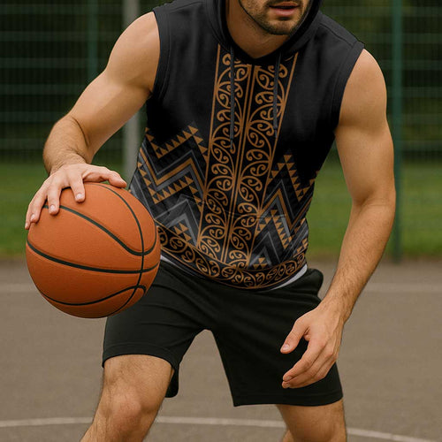 Gold Aotearoa Mangopare Kowhaiwhai Niho Taniwha Sleeveless Hoodie Maori New Zealand - Aussie Hoodie