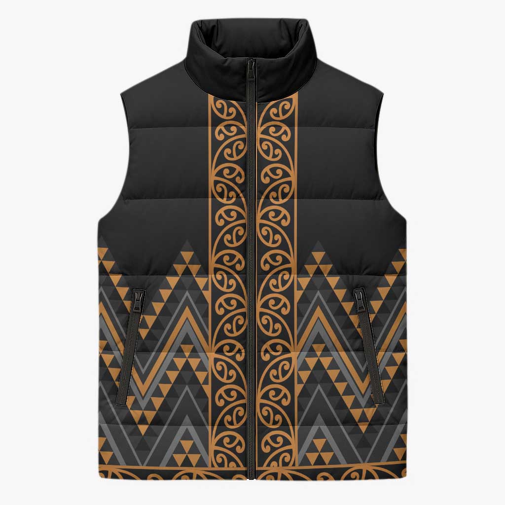Gold Aotearoa Mangopare Kowhaiwhai Niho Taniwha Sleeveless Puffer Jacket Maori New Zealand - Aussie Hoodie