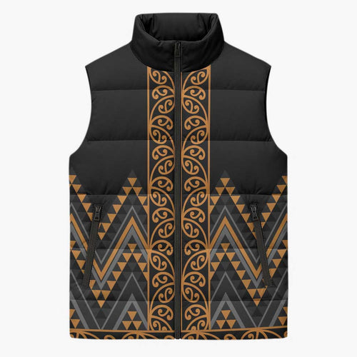 Gold Aotearoa Mangopare Kowhaiwhai Niho Taniwha Sleeveless Puffer Jacket Maori New Zealand - Aussie Hoodie