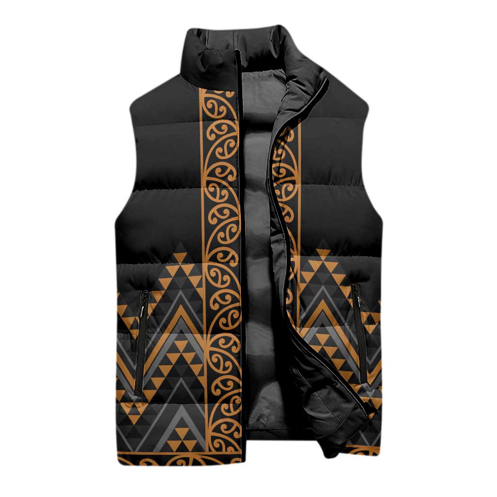 Gold Aotearoa Mangopare Kowhaiwhai Niho Taniwha Sleeveless Puffer Jacket Maori New Zealand - Aussie Hoodie
