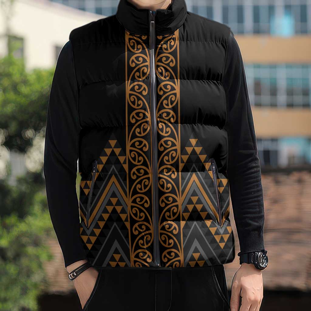 Gold Aotearoa Mangopare Kowhaiwhai Niho Taniwha Sleeveless Puffer Jacket Maori New Zealand - Aussie Hoodie