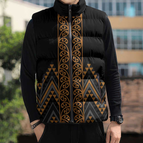 Gold Aotearoa Mangopare Kowhaiwhai Niho Taniwha Sleeveless Puffer Jacket Maori New Zealand - Aussie Hoodie
