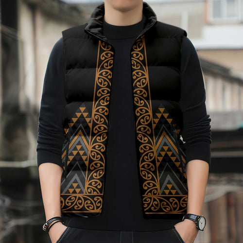 Gold Aotearoa Mangopare Kowhaiwhai Niho Taniwha Sleeveless Puffer Jacket Maori New Zealand - Aussie Hoodie