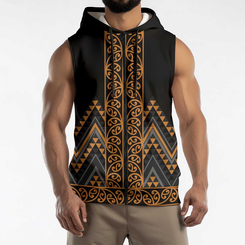 Gold Aotearoa Mangopare Kowhaiwhai Niho Taniwha Sleeveless Zip Hoodie Maori New Zealand LT14