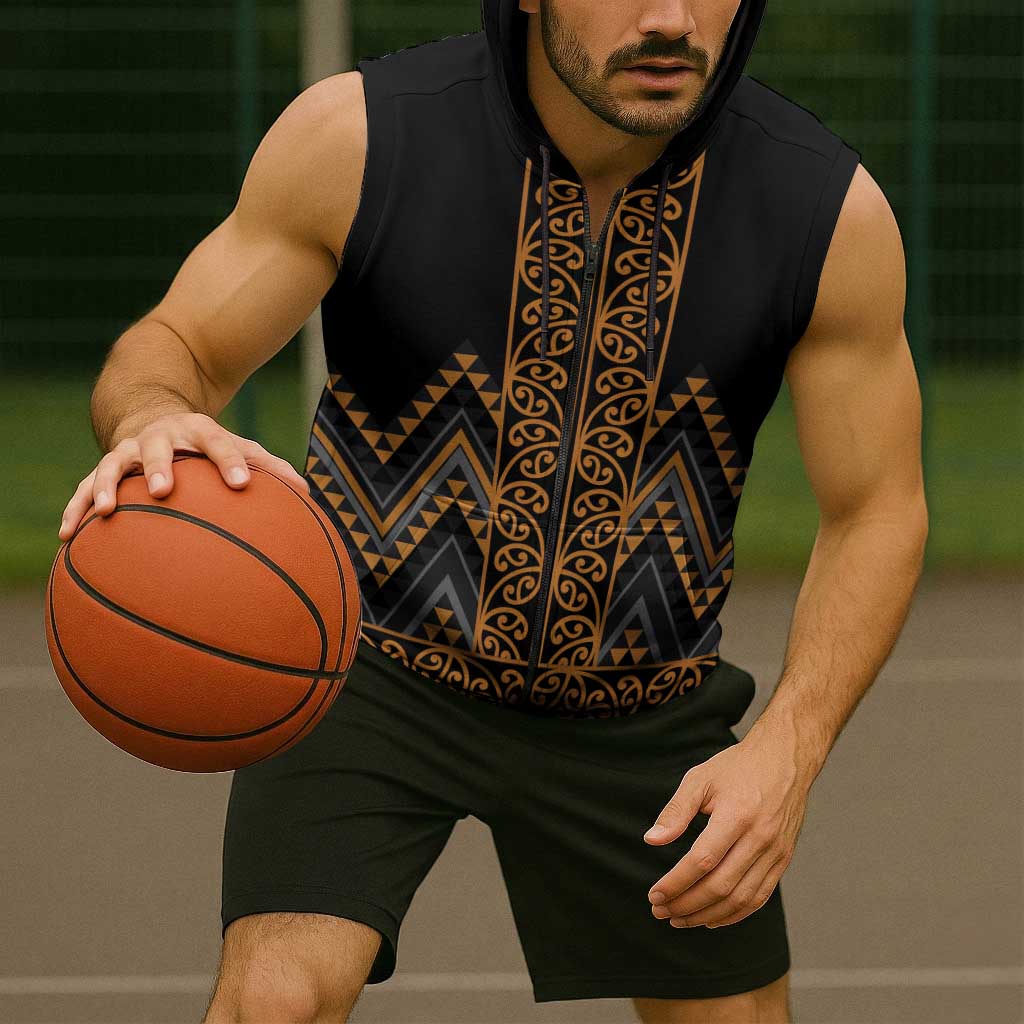 Gold Aotearoa Mangopare Kowhaiwhai Niho Taniwha Sleeveless Zip Hoodie Maori New Zealand LT14