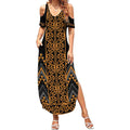 Gold Aotearoa Mangopare Kowhaiwhai and Niho Taniwha Summer Maxi Dress Maori New Zealand