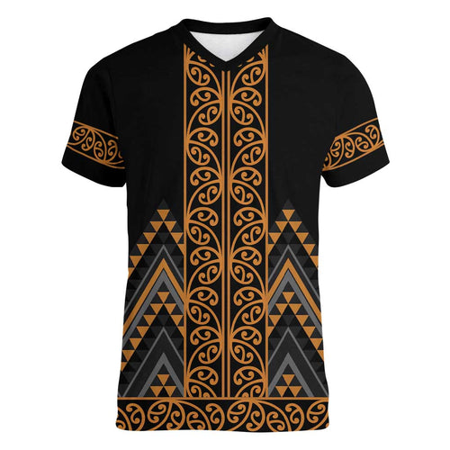 Gold Aotearoa Mangopare Kowhaiwhai and Niho Taniwha Women V-Neck T-Shirt Maori New Zealand