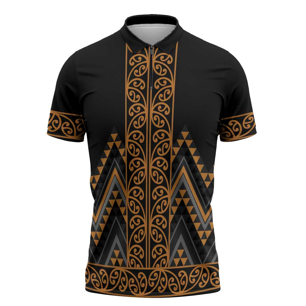Gold Aotearoa Mangopare Kowhaiwhai Niho Taniwha Zipper Polo Shirt Maori New Zealand - Aussie Hoodie