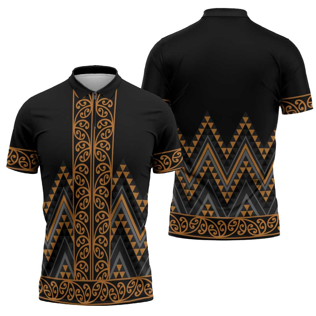 Gold Aotearoa Mangopare Kowhaiwhai Niho Taniwha Zipper Polo Shirt Maori New Zealand - Aussie Hoodie