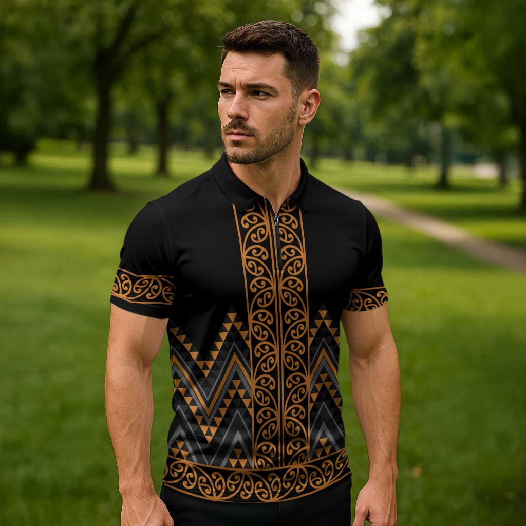 Gold Aotearoa Mangopare Kowhaiwhai Niho Taniwha Zipper Polo Shirt Maori New Zealand - Aussie Hoodie