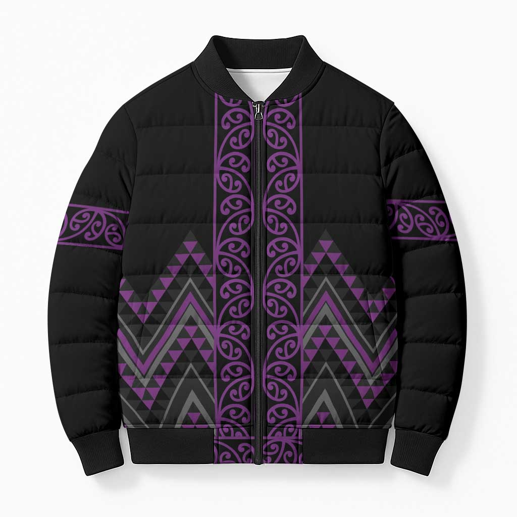 Purple Aotearoa Mangopare Kowhaiwhai Niho Taniwha Bomber Puffer Jacket Maori New Zealand - Aussie Hoodie