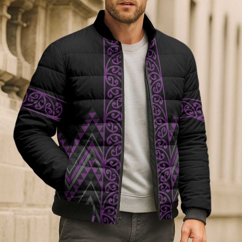 Purple Aotearoa Mangopare Kowhaiwhai Niho Taniwha Bomber Puffer Jacket Maori New Zealand - Aussie Hoodie
