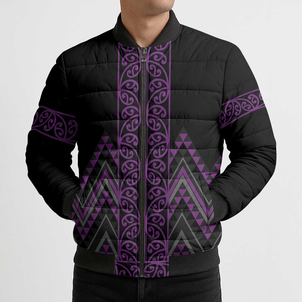 Purple Aotearoa Mangopare Kowhaiwhai Niho Taniwha Bomber Puffer Jacket Maori New Zealand - Aussie Hoodie