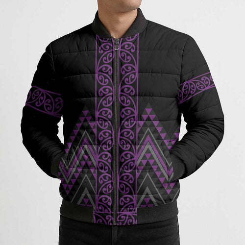 Purple Aotearoa Mangopare Kowhaiwhai Niho Taniwha Bomber Puffer Jacket Maori New Zealand - Aussie Hoodie