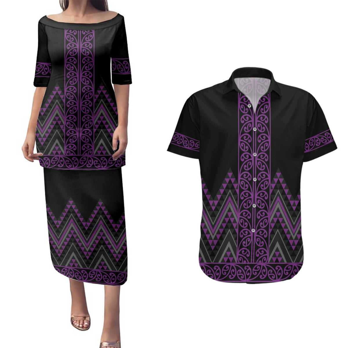 Purple Aotearoa Mangopare Kowhaiwhai and Niho Taniwha Couples Matching Puletasi and Hawaiian Shirt Maori New Zealand
