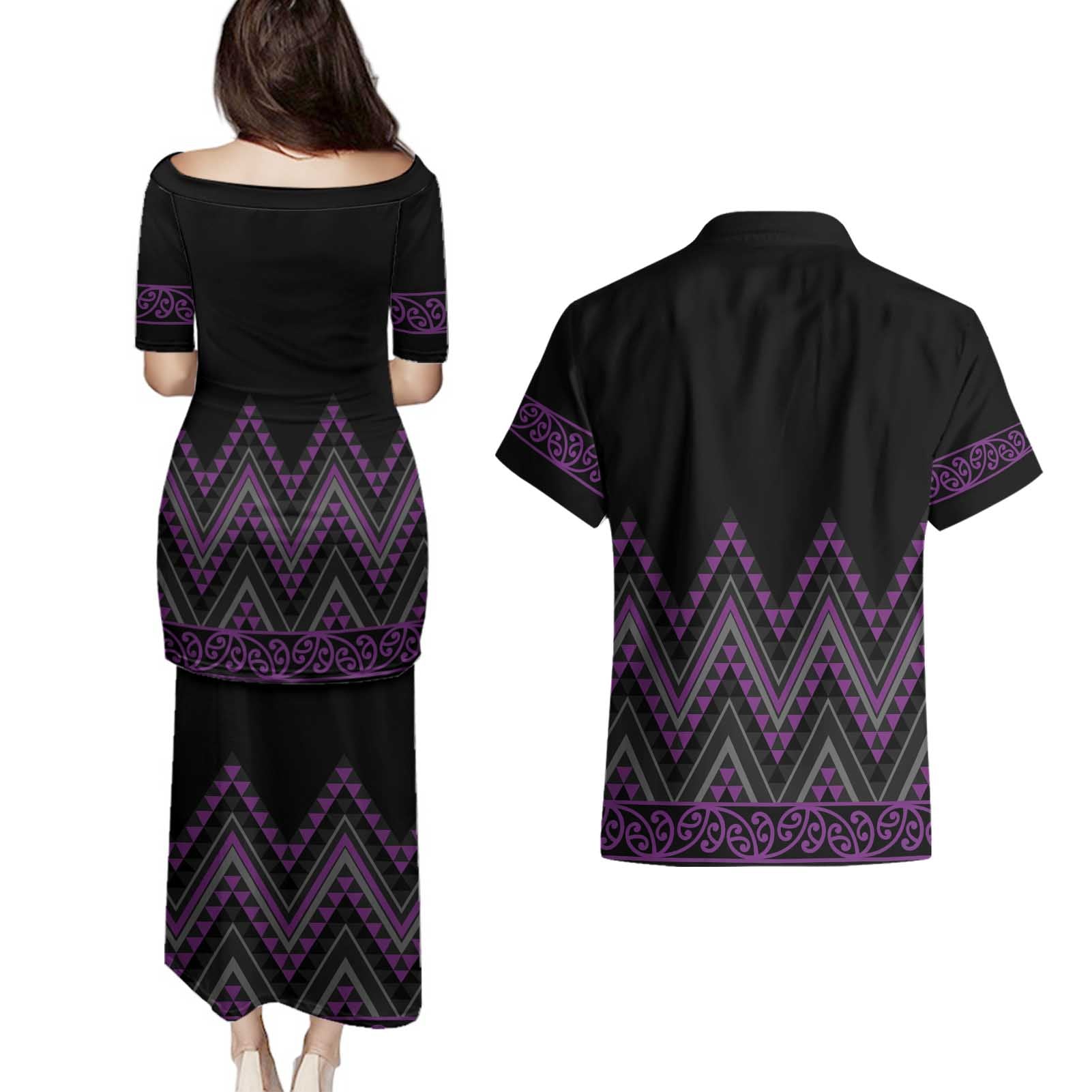 Purple Aotearoa Mangopare Kowhaiwhai and Niho Taniwha Couples Matching Puletasi and Hawaiian Shirt Maori New Zealand