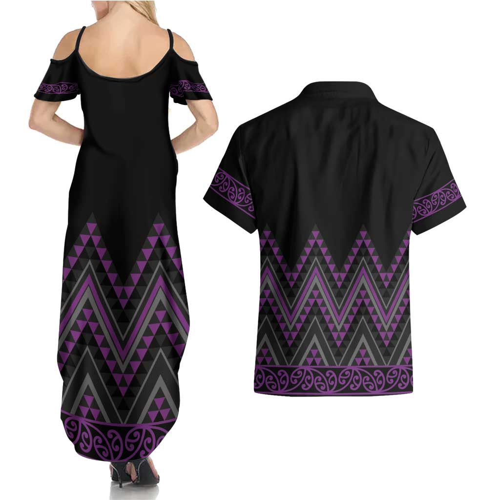 Purple Aotearoa Mangopare Kowhaiwhai and Niho Taniwha Couples Matching Summer Maxi Dress and Hawaiian Shirt Maori New Zealand