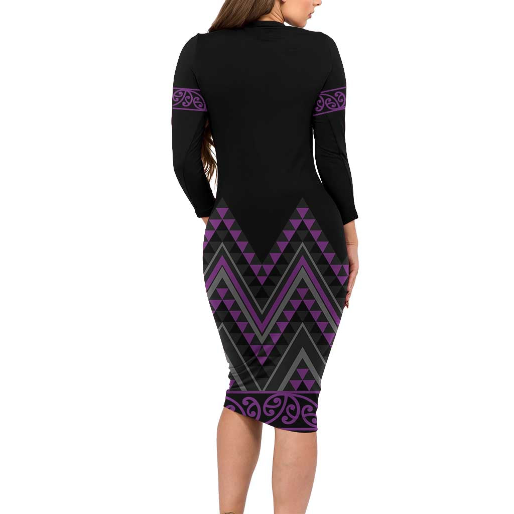 Purple Aotearoa Mangopare Kowhaiwhai and Niho Taniwha Family Matching Long Sleeve Bodycon Dress and Hawaiian Shirt Maori New Zealand