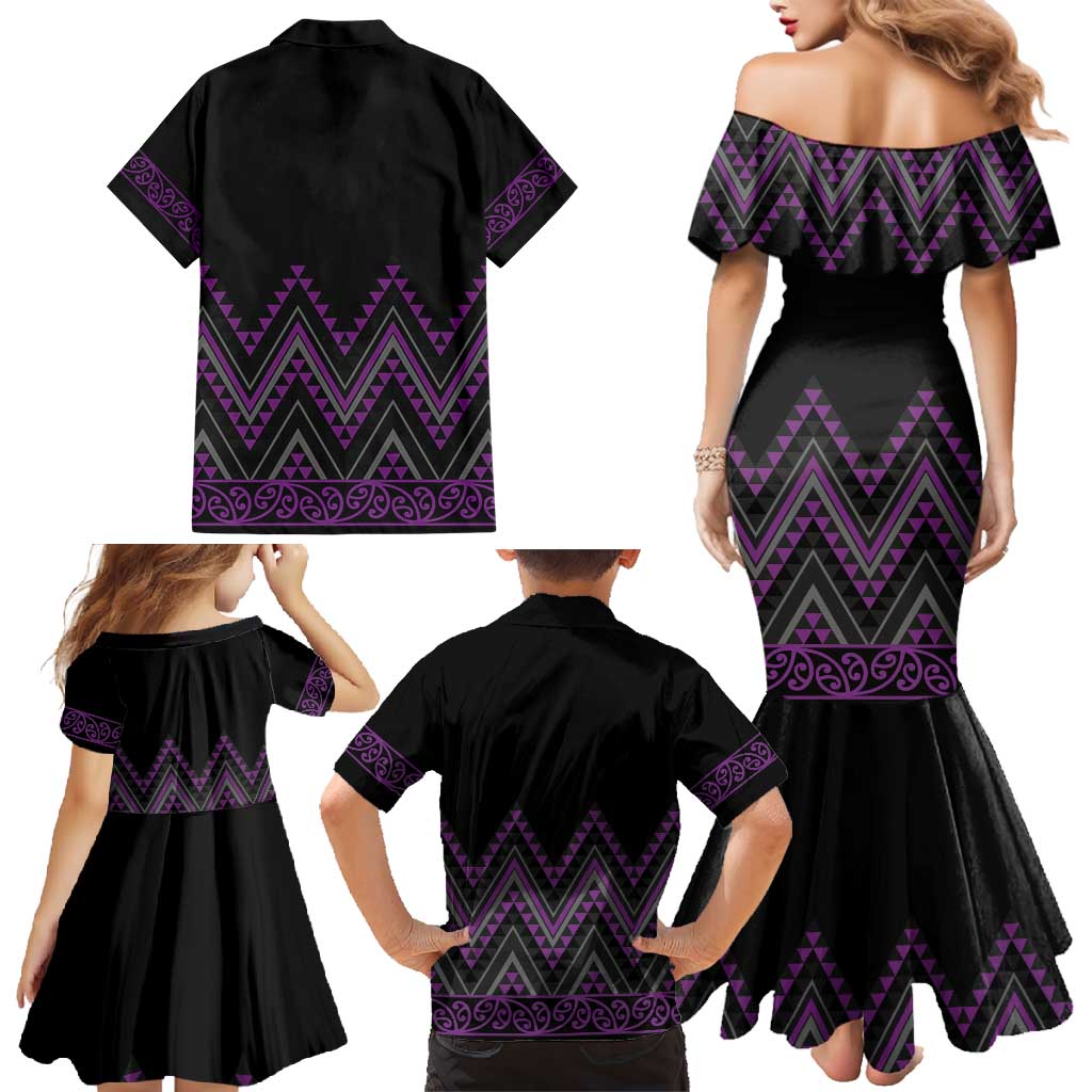 Purple Aotearoa Mangopare Kowhaiwhai and Niho Taniwha Family Matching Mermaid Dress and Hawaiian Shirt Maori New Zealand