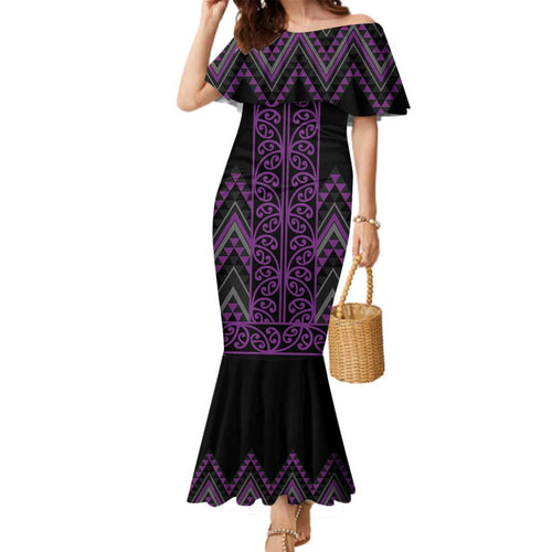 Purple Aotearoa Mangopare Kowhaiwhai and Niho Taniwha Family Matching Mermaid Dress and Hawaiian Shirt Maori New Zealand